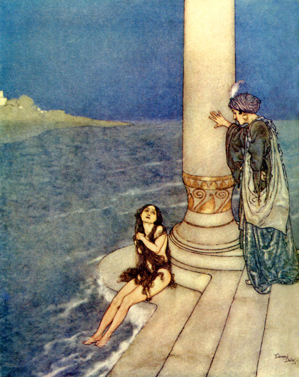 The prince asked who she was and how she came there; She looked at him tenderly and with a sad expressions in her dark blue eyes, but could not speak. Edmund Dulac Illustration to The Little Mermaid, by Hans Christian Andersen.